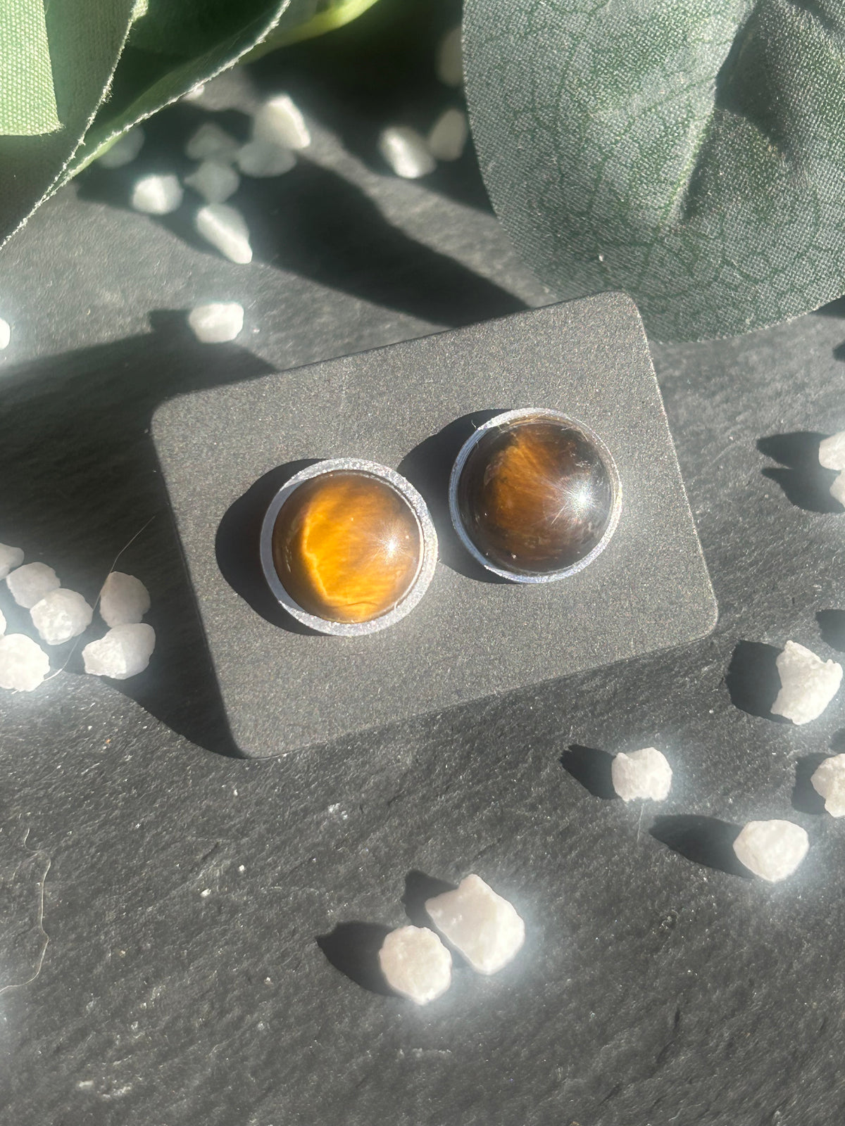 Paire de boucles d’oreilles puces Séléna en acier inoxydable argenté, ornées de cabochons ronds de 10 mm en œil de tigre brun doré.