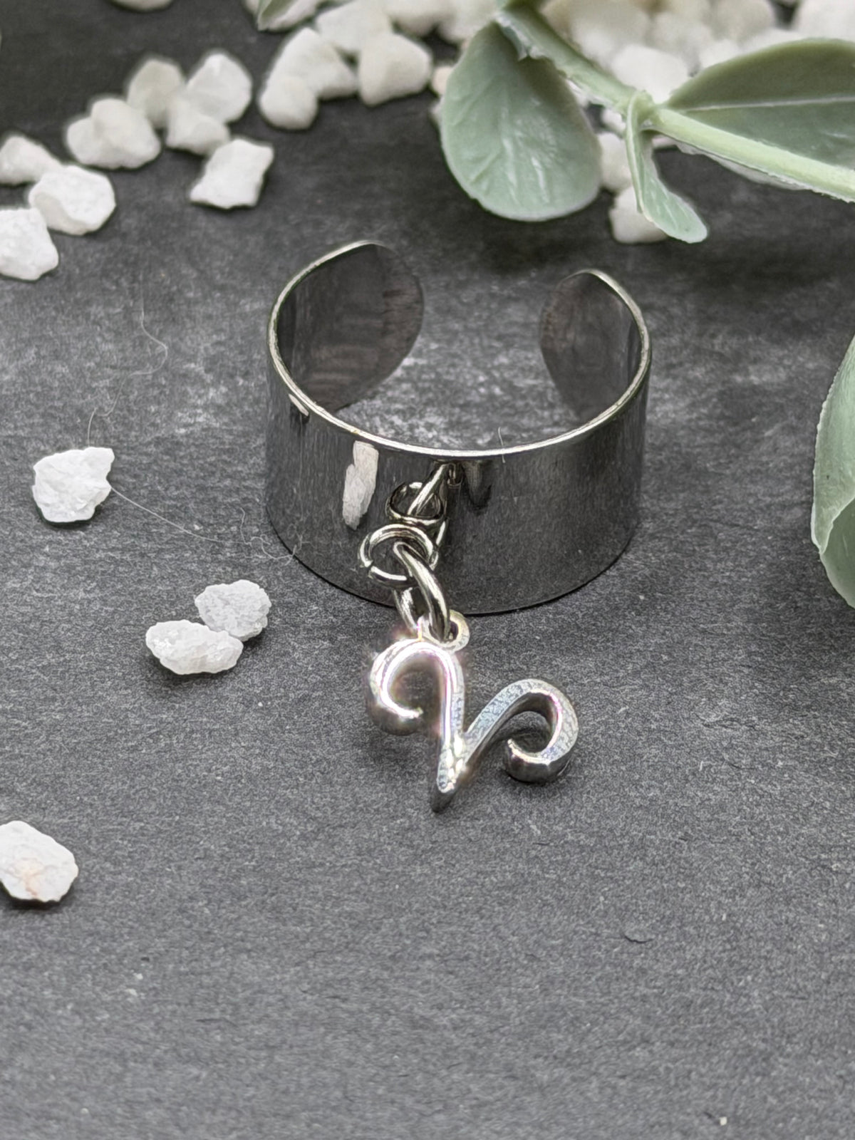 Bague Cassiopée à monture large en acier inoxydable argenté, avec une breloque du signe du Bélier suspendue.