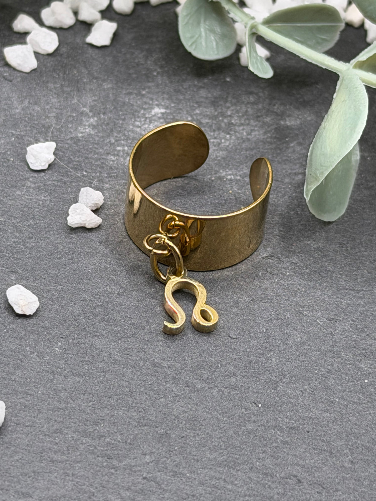 Bague Cassiopée à monture large en acier inoxydable doré, avec une breloque du signe du Lion suspendue.