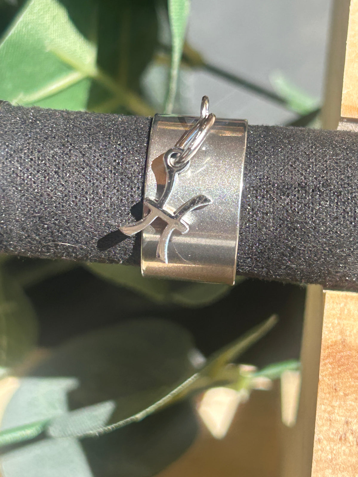 Bague Cassiopée à monture large en acier inoxydable argenté, avec une breloque du signe des Poissons suspendue.
