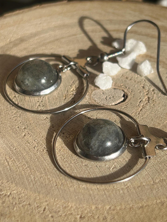 Paire de boucles d’oreilles pendantes Célestia en acier inoxydable argenté, avec des montures circulaires et des cabochons ronds en labradorite aux nuances grises.