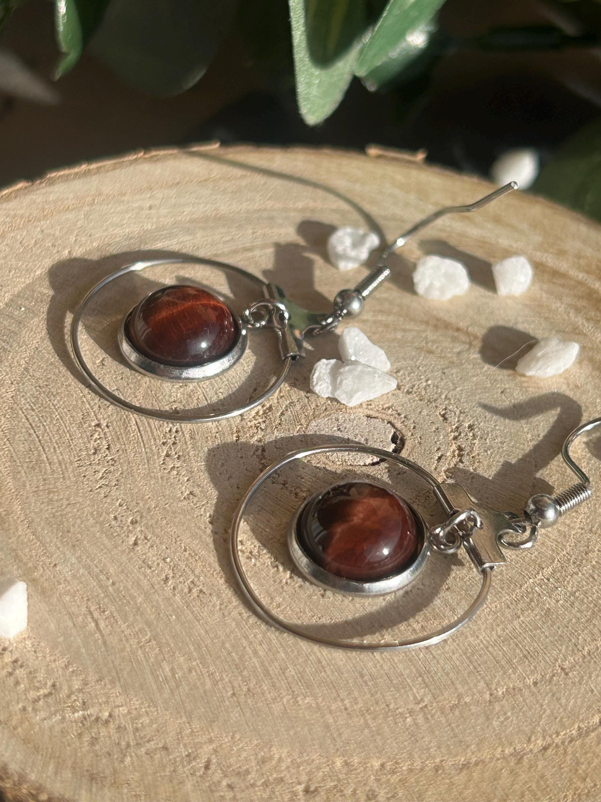 Paire de boucles d’oreilles pendantes Célestia en acier inoxydable argenté, avec des montures circulaires et des cabochons ronds en œil de taureau rouge brun.