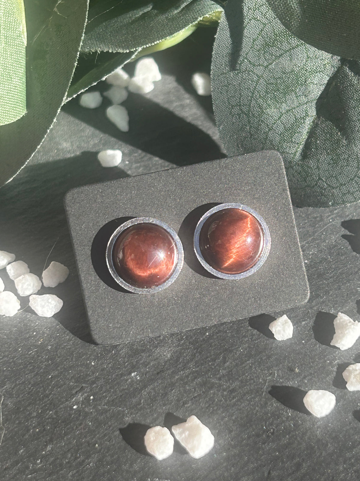 Paire de boucles d’oreilles puces Séléna en acier inoxydable argenté, ornées de cabochons ronds de 10 mm en œil de taureau rouge brun.